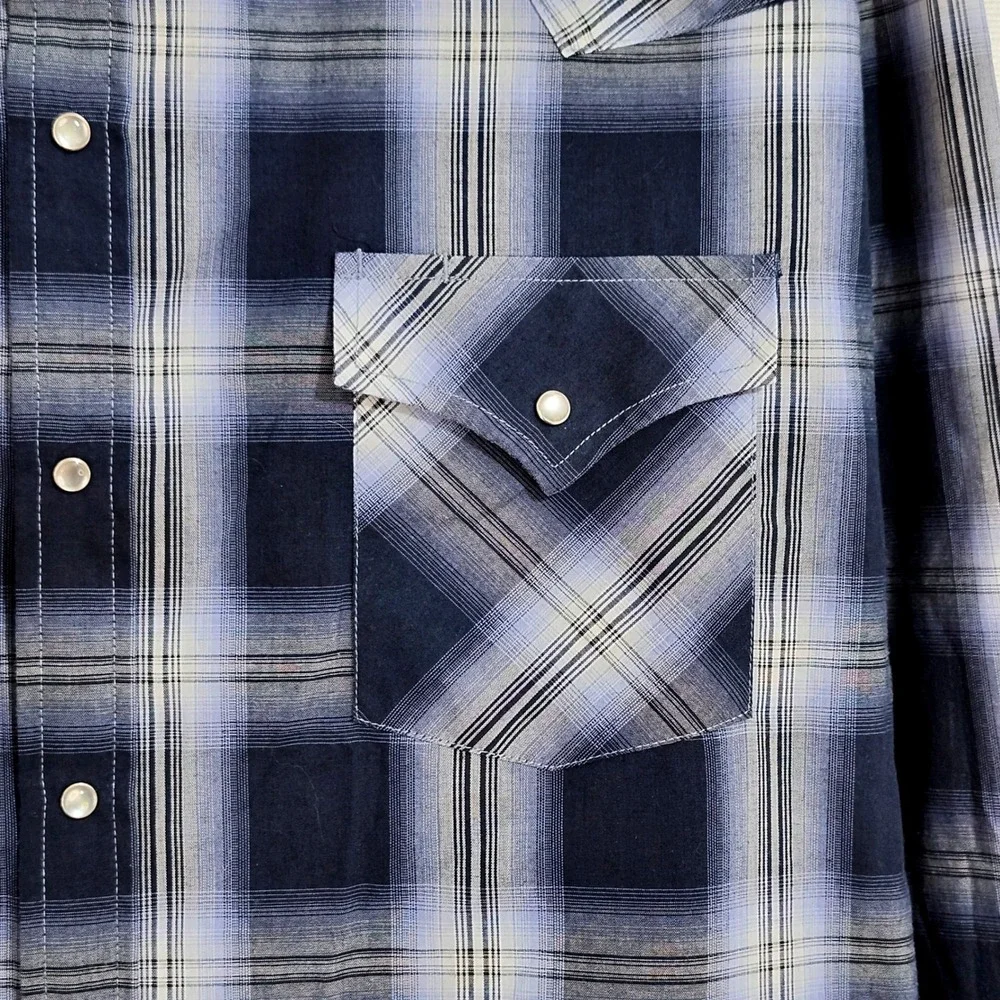 Ely Cattleman Long Sleeve Pearl Snap Shirt Mens XXL Blue Plaid Western Cowboy‎
